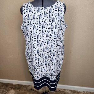 Julian Taylor Blue and White Birdcage Print Shift Dress Size 22W (4380)